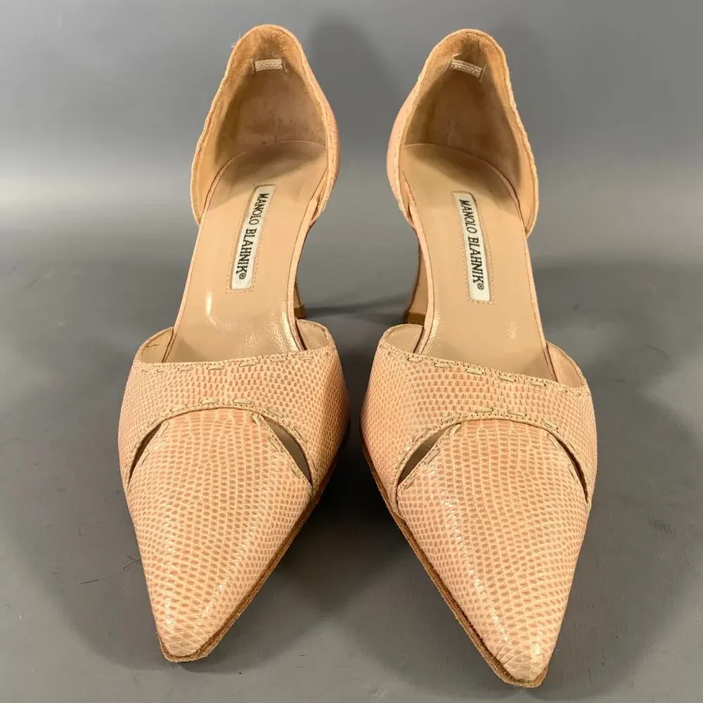 MANOLO BLAHNIK Size 9 Beige Leather Lizard Embossed Pointed Toe Pumps